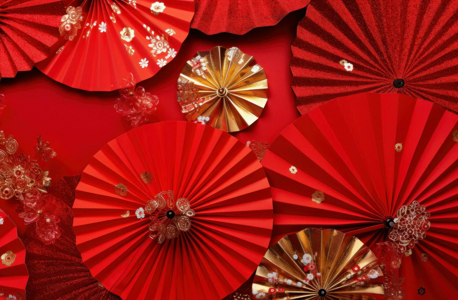 AI generated red paper fans on a red background photo