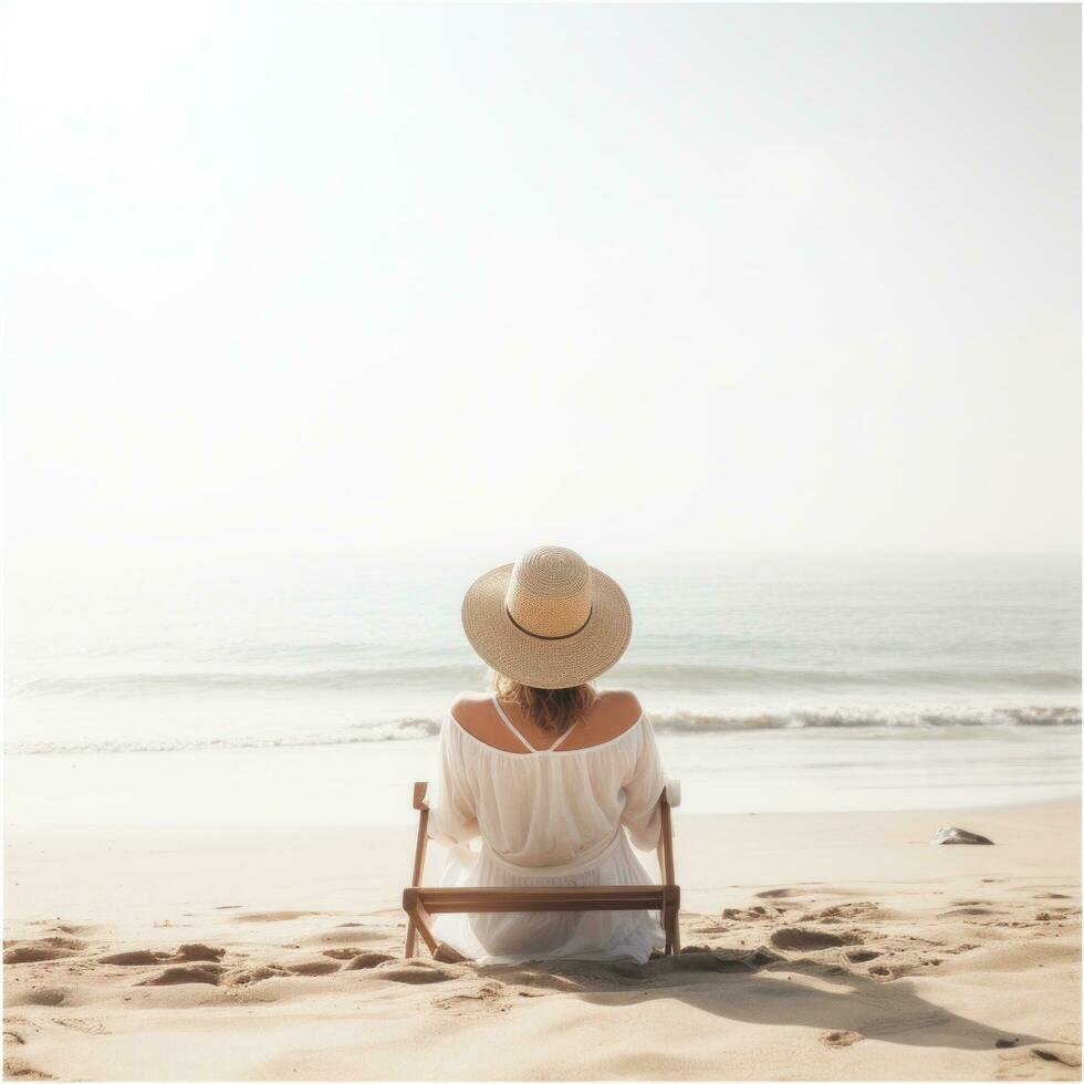 ai generado el espalda de un mujer sentado en el playa, foto