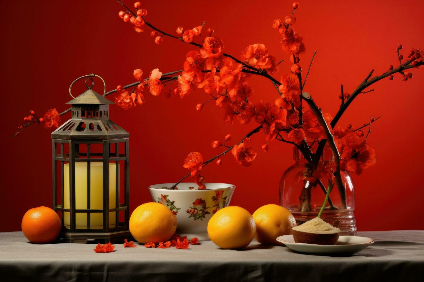 AI generated red lanterns, fruits, oranges, lemons and paper cranes. photo