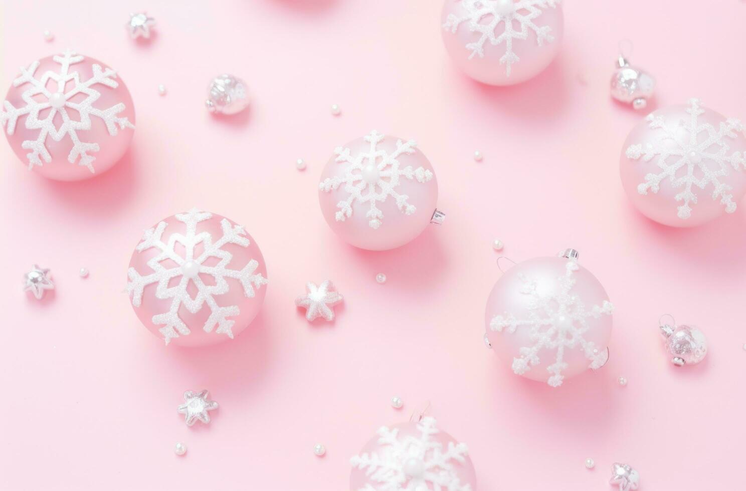 AI generated white christmas decorations arranged in a circle on a pink background photo