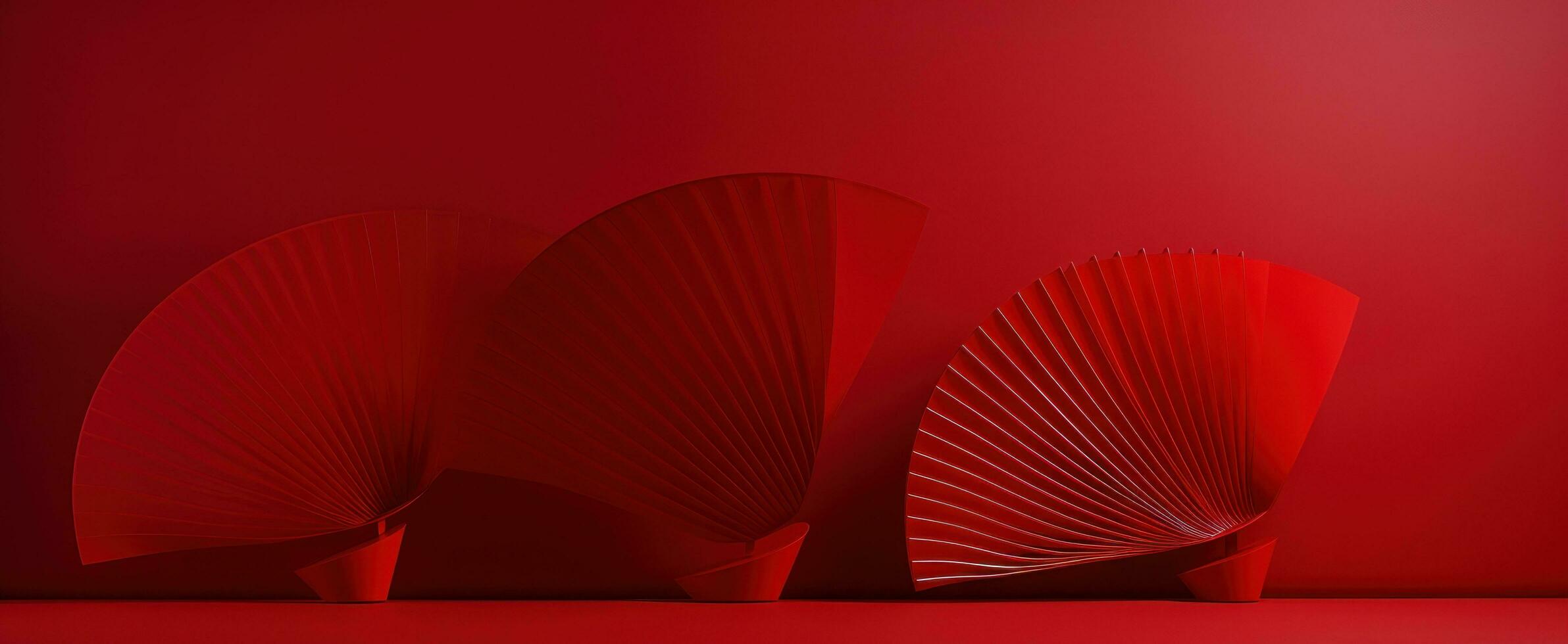 AI generated three red fan designs sitting on a red background, photo