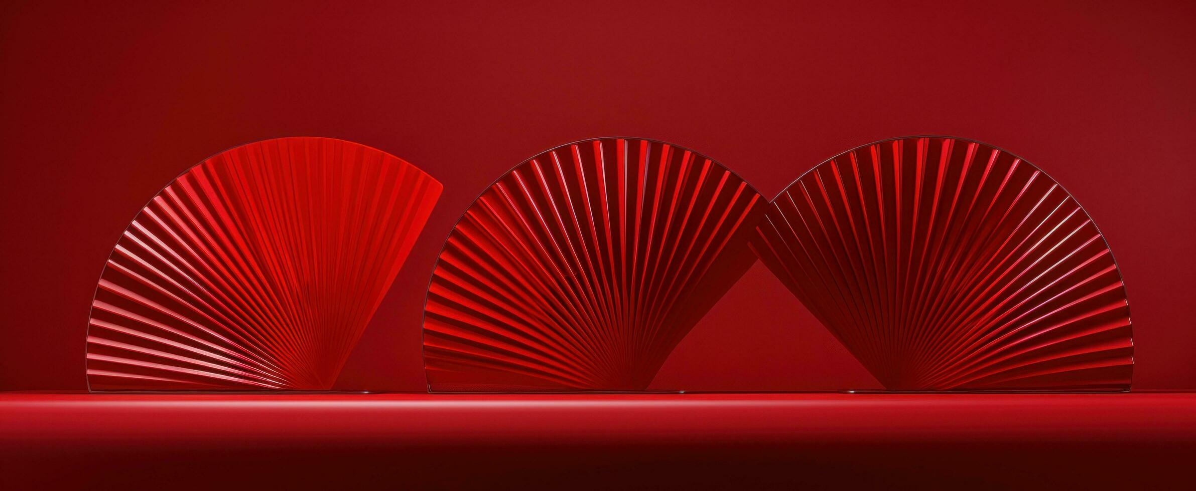ai generado Tres rojo ventilador diseños sentado en un rojo fondo, foto