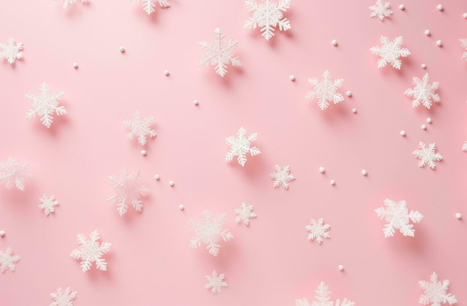 AI generated white snowflakes scattered on a pink background photo