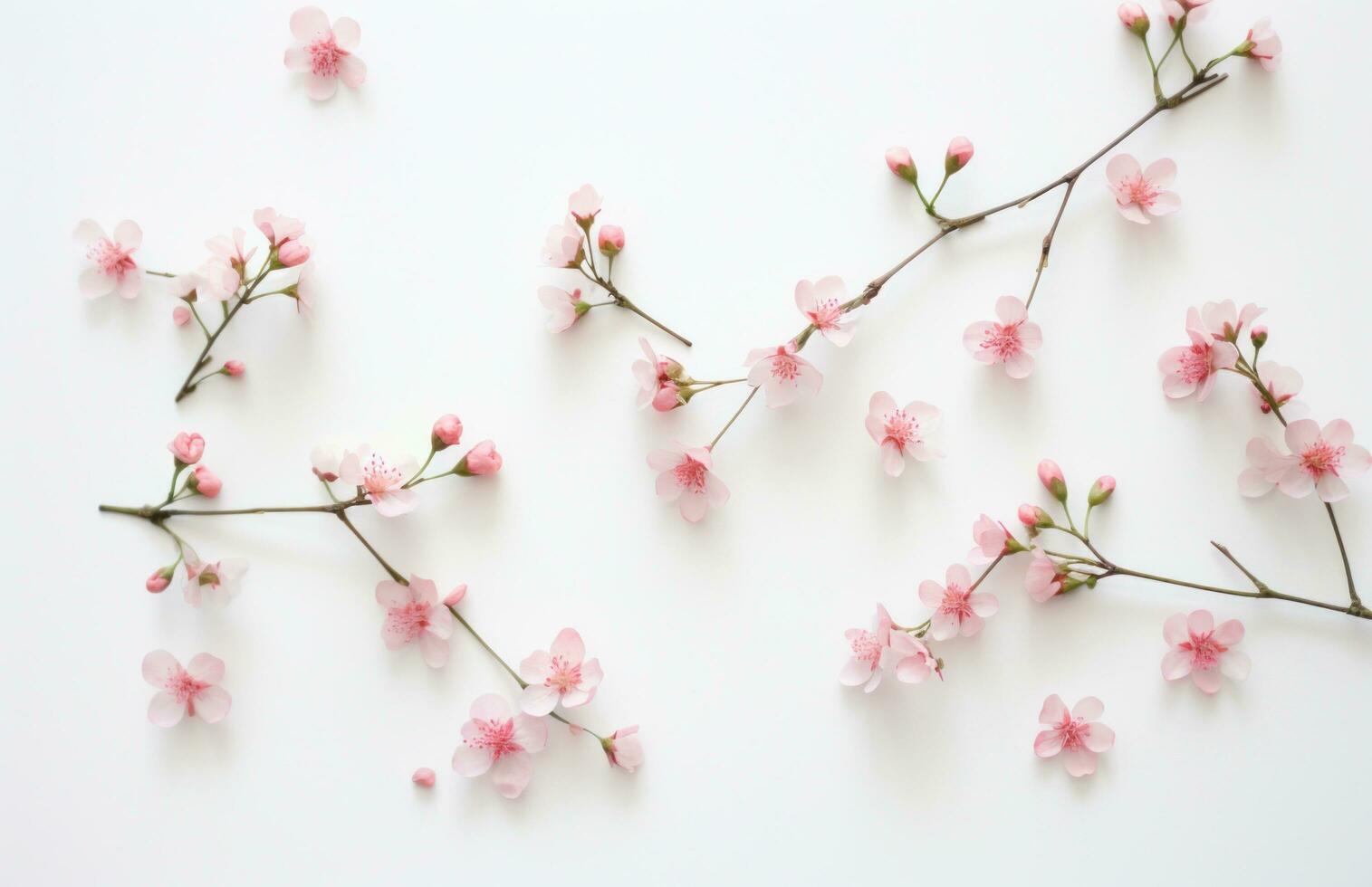 AI generated tiny pink flowers, leaves and stems floating on a white surface, photo