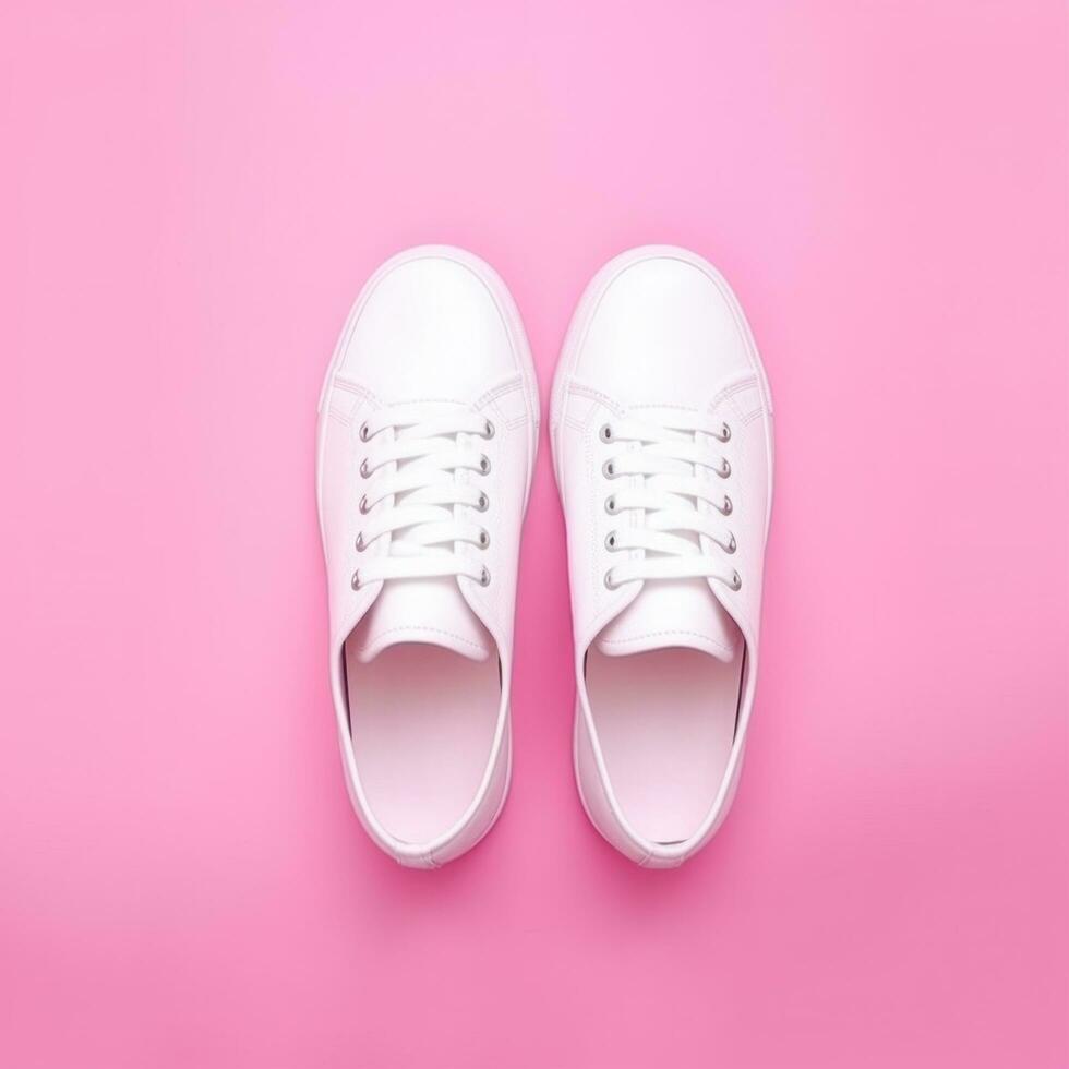 AI generated white sneakers on pink background footwear photo