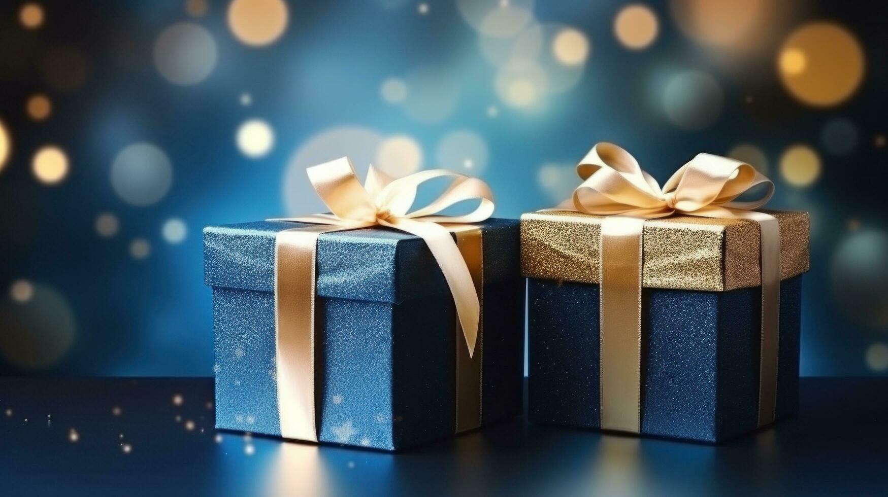 AI generated two christmas gift boxes in blue on a bokeh background, photo
