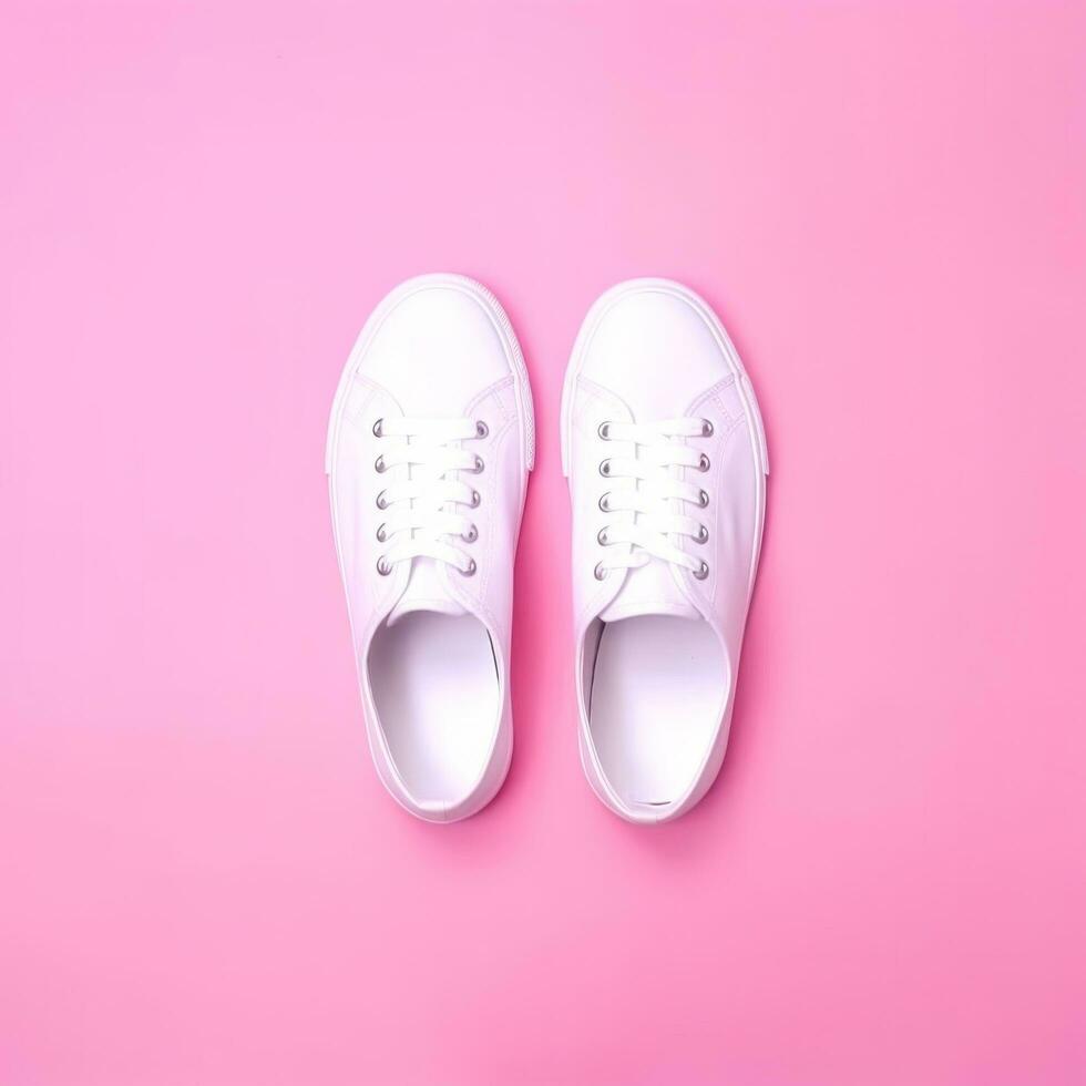 AI generated white sneakers on pink background footwear photo