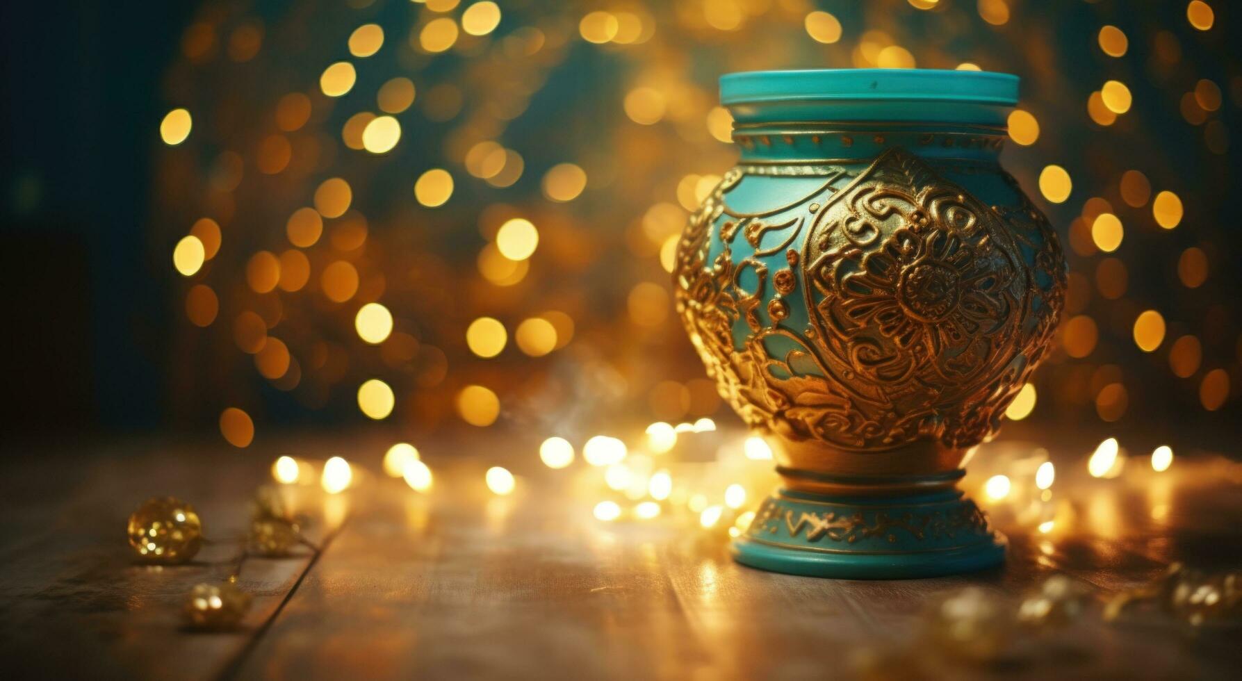 AI generated the lights in an urn with bokeh on a wooden table, photo