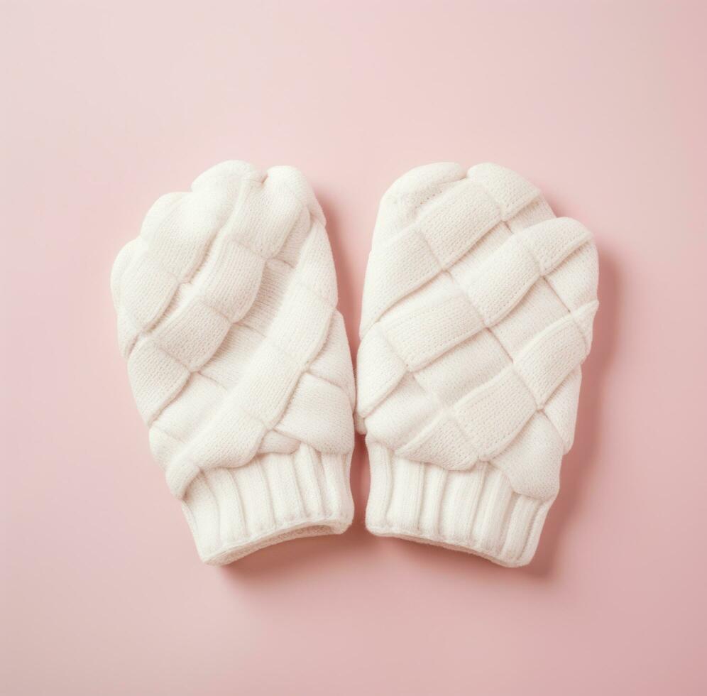 AI generated the white knit mittens are laying on a pink background, photo