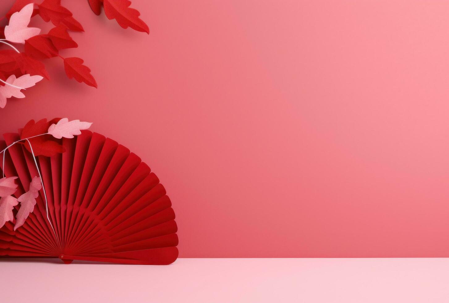 AI generated red paper fan with red leaves and buds and pink background photo