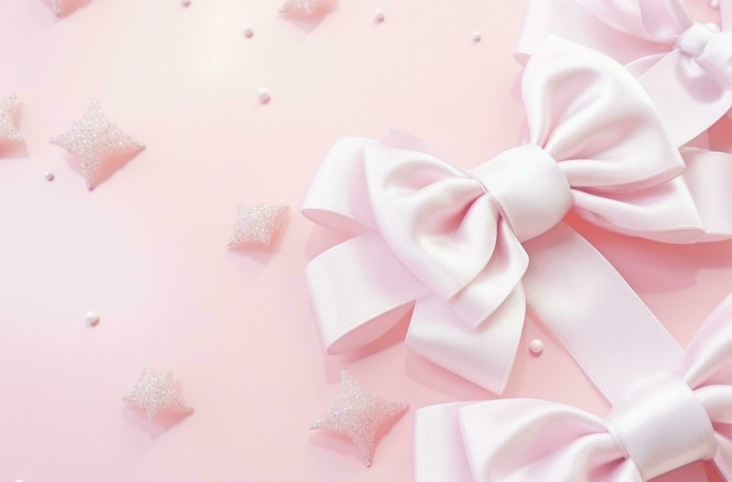 AI generated snowy white decoration and bows on pink background photo