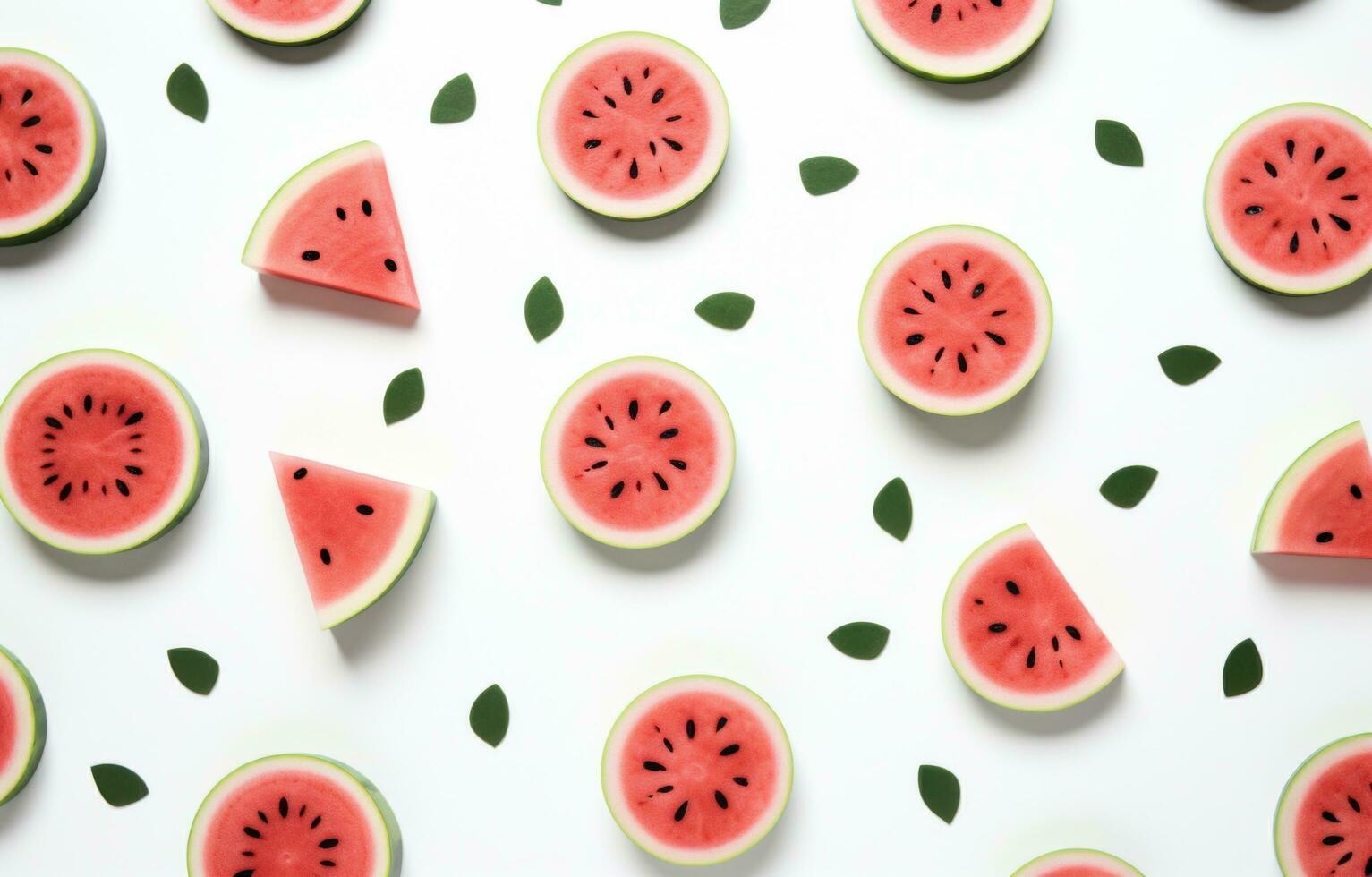 AI generated slices of watermelon and greens are laid out in a circle, photo