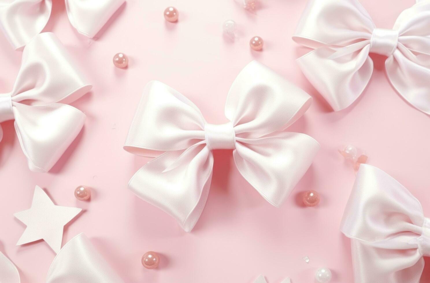 AI generated snowy white decoration and bows on pink background photo