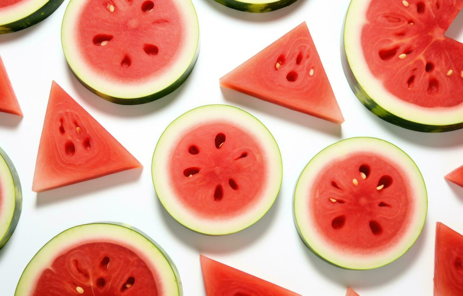 AI generated slices of watermelon and greens are laid out in a circle, photo