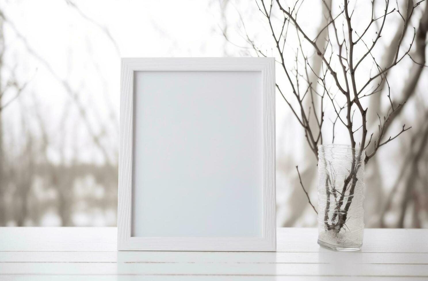 AI generated white frame and cotton branches in white background, photo