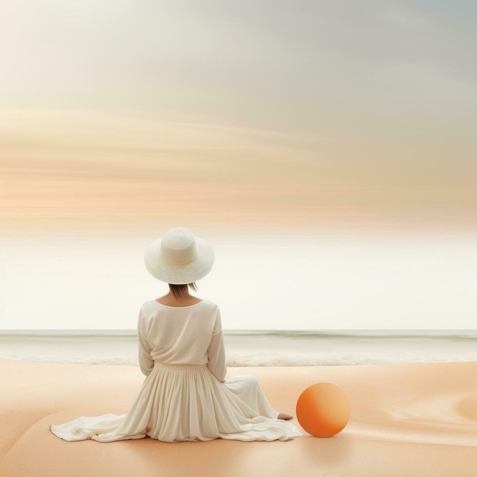 AI generated woman wearing white and hat sitting on a sandy beach, photo