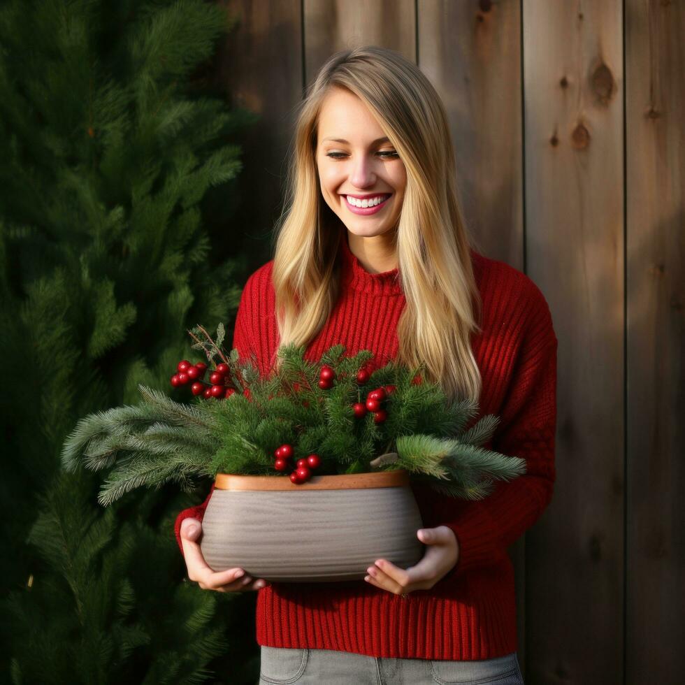 AI generated woman wearing red sweater holding wooden planter, photo