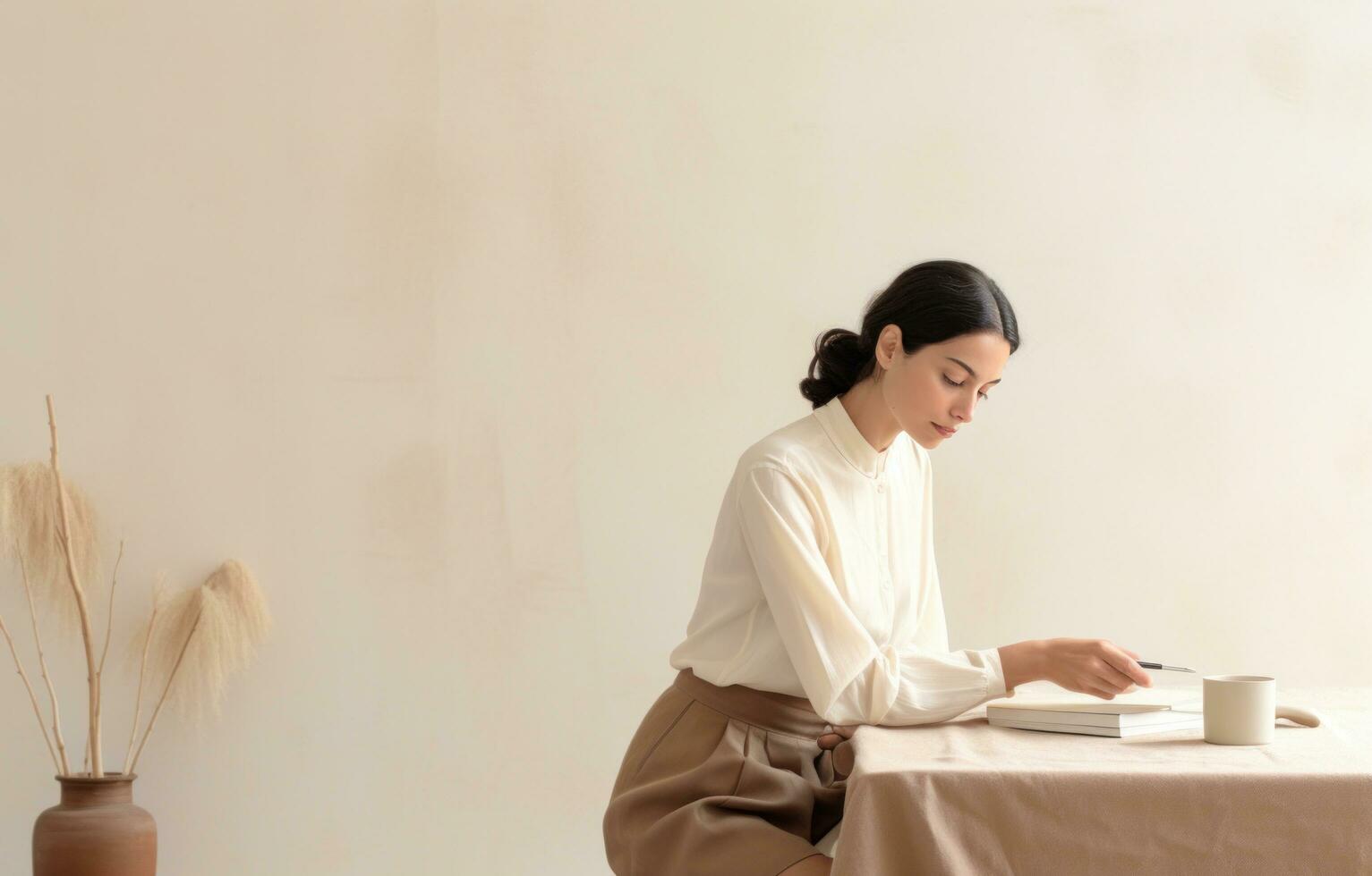 AI generated woman taking time for herself while sitting at a desk, photo