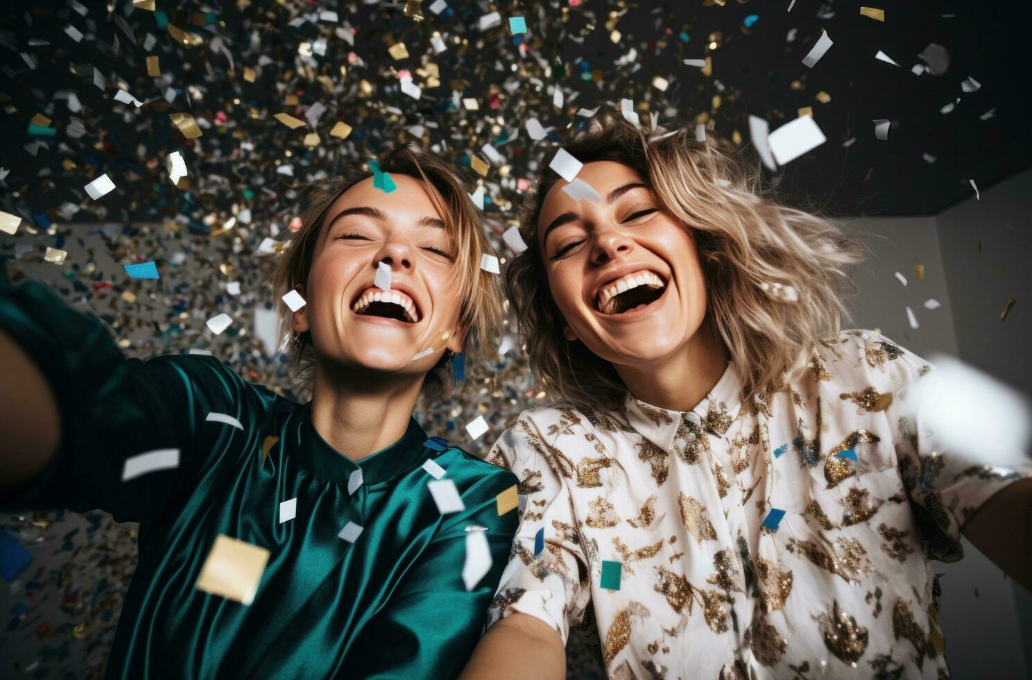 AI generated young friends celebrating with confetti, i photo