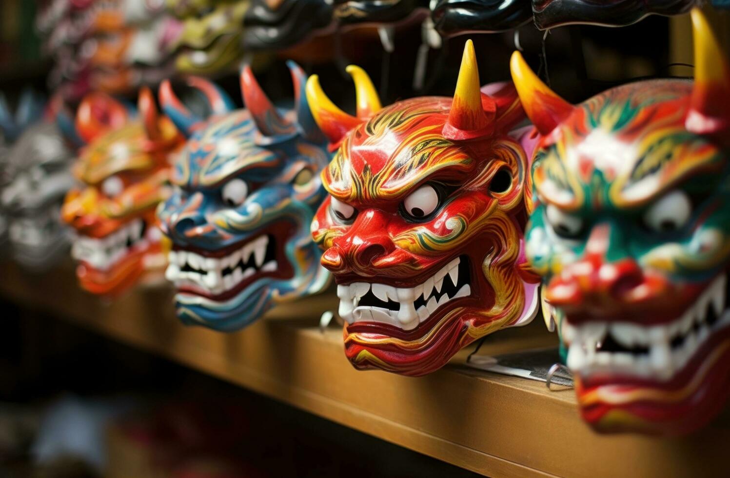 AI generated several chinese masks lined in lines in a store. photo