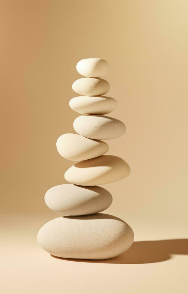 AI generated set of white rocks that are stacking up on a beige background. photo