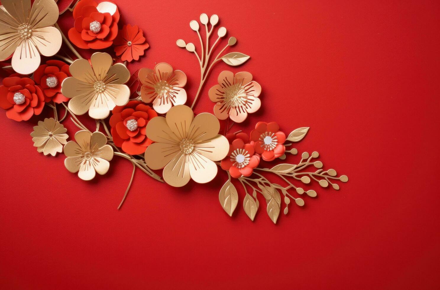 AI generated red paper with gold flowers is placed on a red background photo