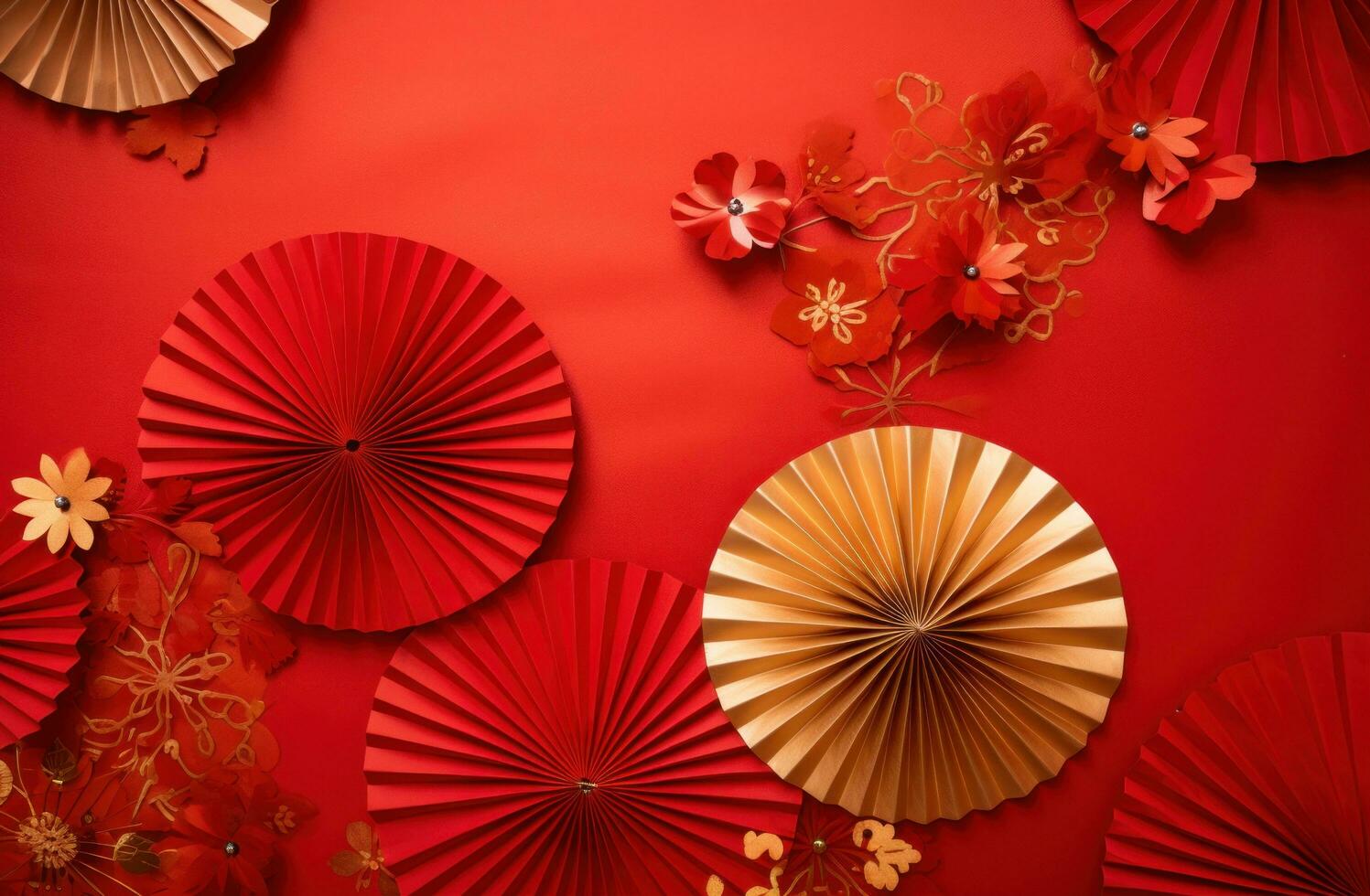 AI generated red paper paper fans on red background photo
