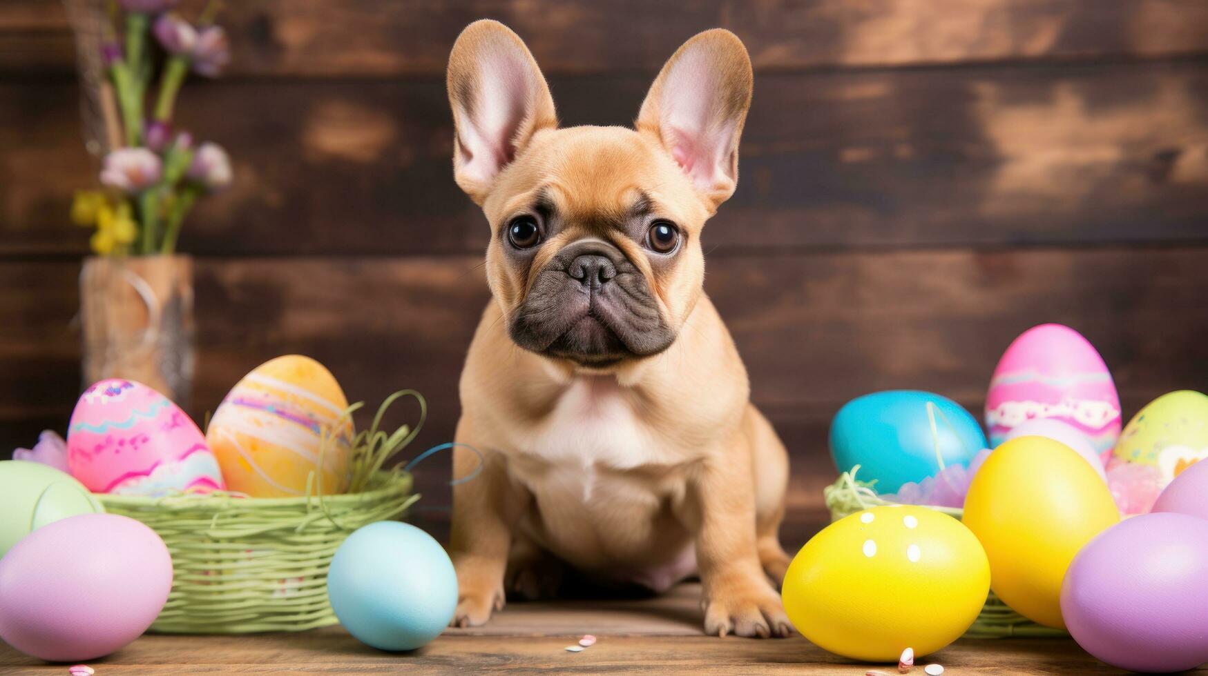 AI generated A cute photo of a puppy wearing bunny ears and surrounded by Easter eggs