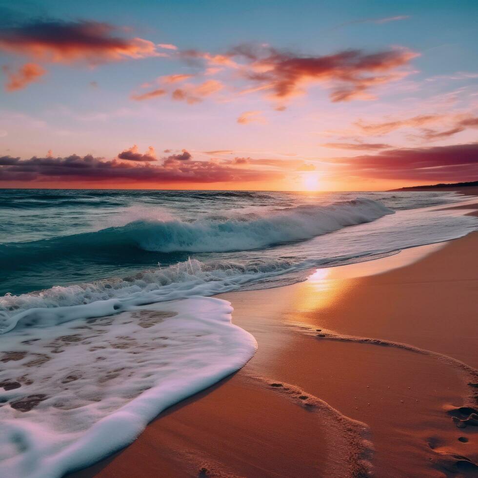 AI generated calm beach with gentle waves, soft sand, and a colorful sunset over the horizon photo