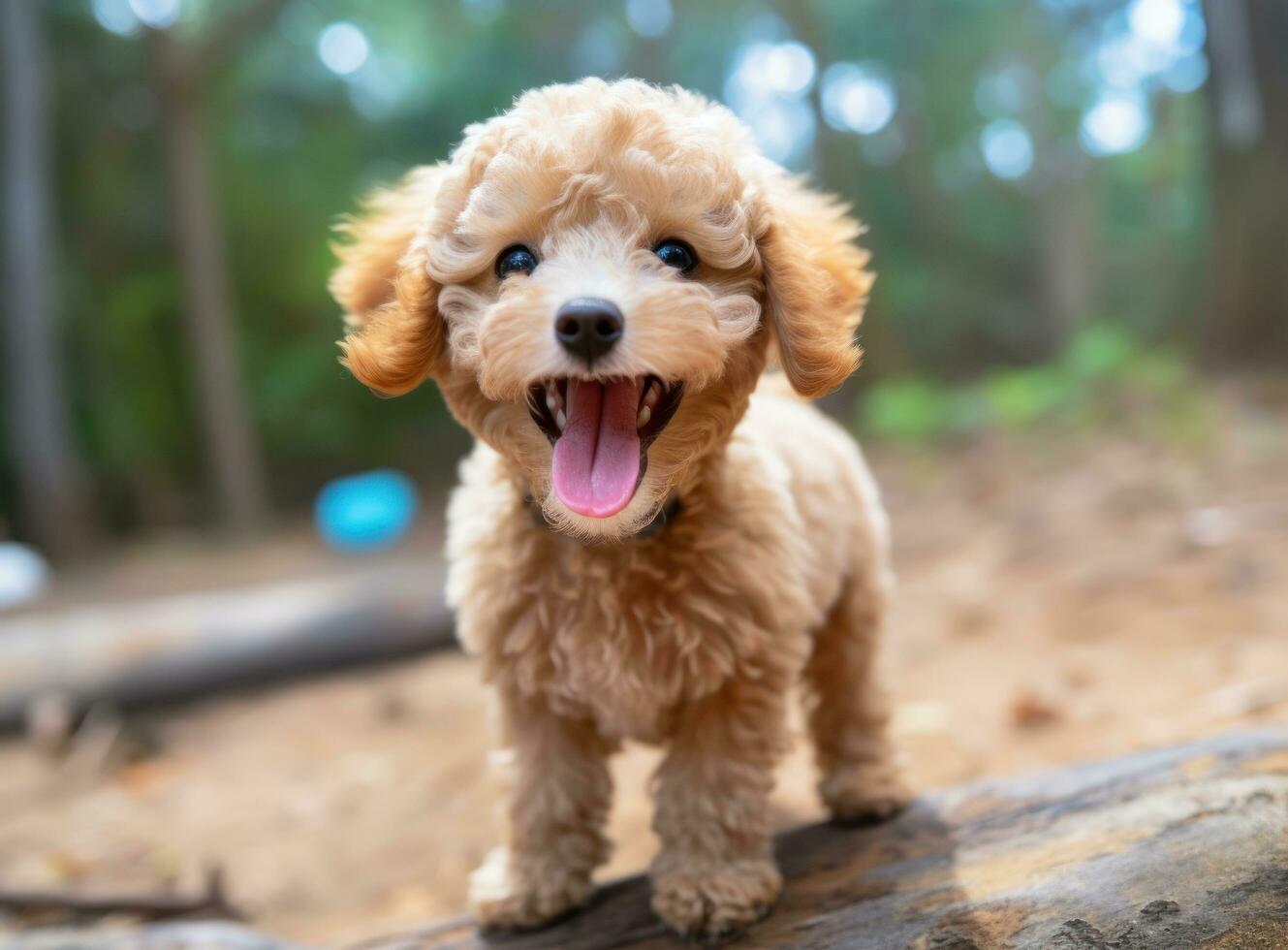 ai generado un linda caniche perrito en pie amplio con lengua fuera en frente foto