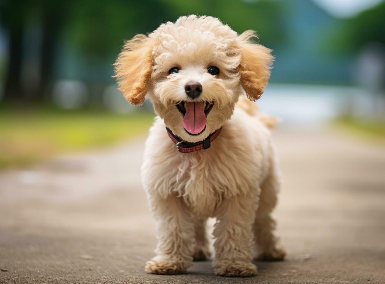 AI generated a cute poodle puppy standing wide with tongue out in front photo