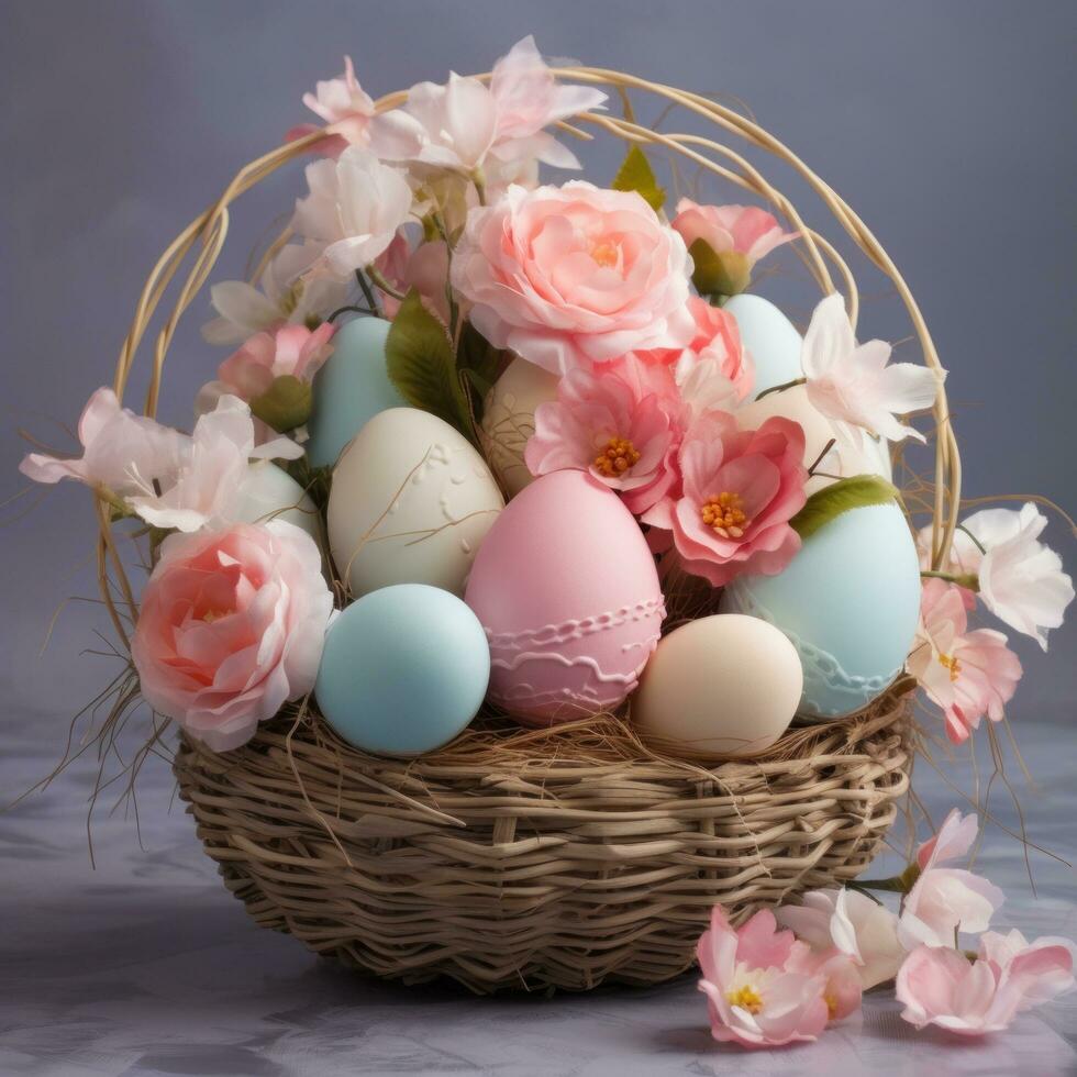 AI generated A festive Easter background with pastel colored eggs and flowers arranged in a basket photo