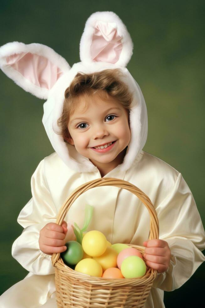 AI generated child dressed in an Easter bunny costume holding a basket of eggs photo