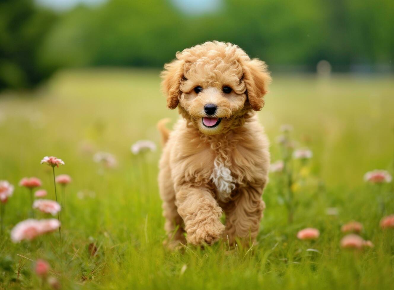 ai generado un linda caniche perrito en pie amplio con lengua fuera en frente foto