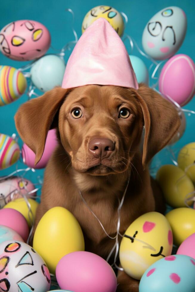 AI generated A cute photo of a puppy wearing bunny ears and surrounded by Easter eggs