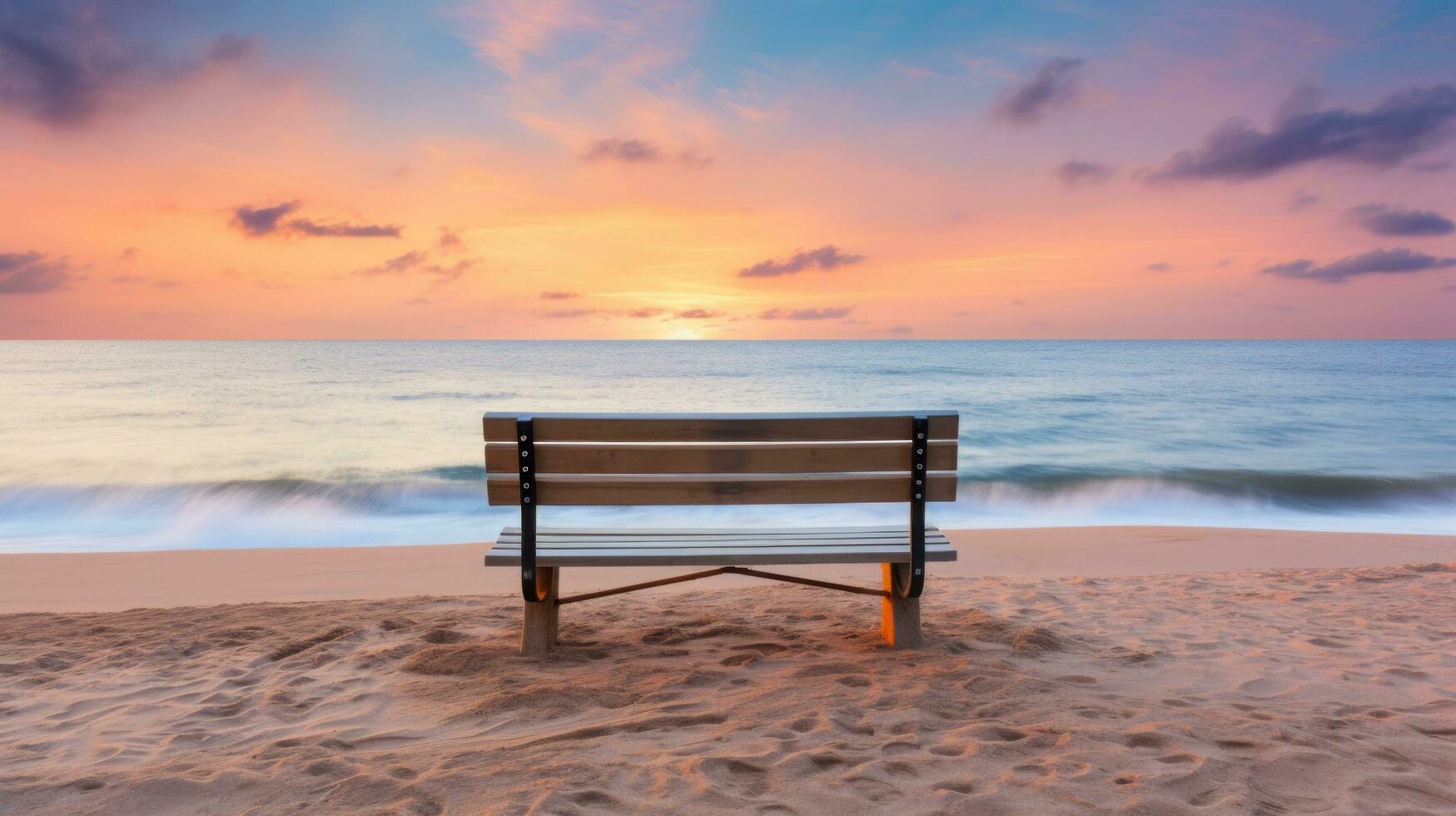 AI generated calm beach with gentle waves, soft sand, and a colorful sunset over the horizon photo