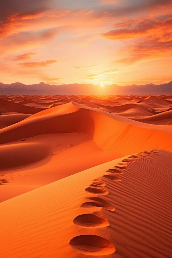 AI generated A peaceful desert landscape with sand dunes, a vivid orange sunset, and a few cacti in the foreground photo