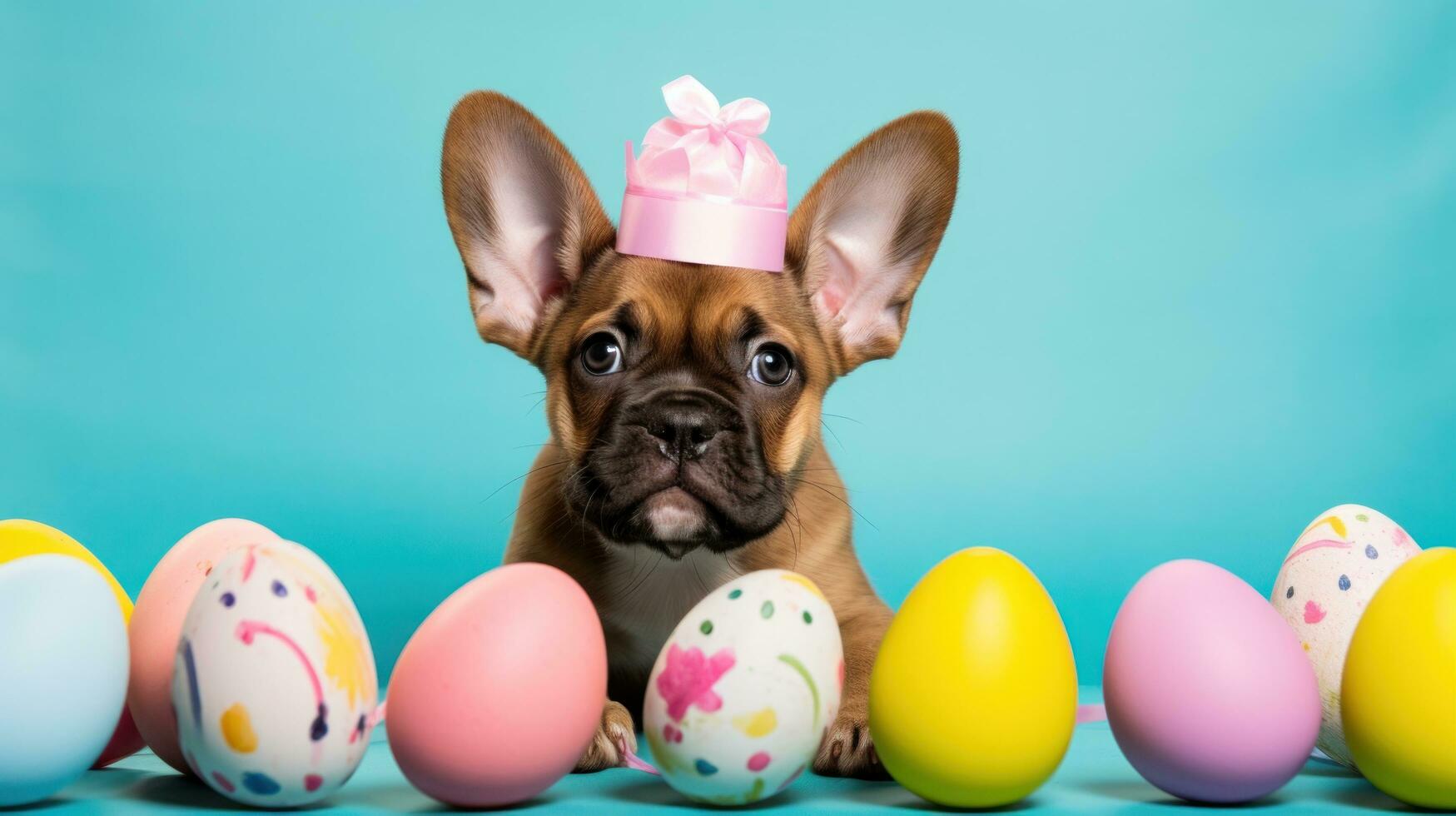 AI generated A cute photo of a puppy wearing bunny ears and surrounded by Easter eggs