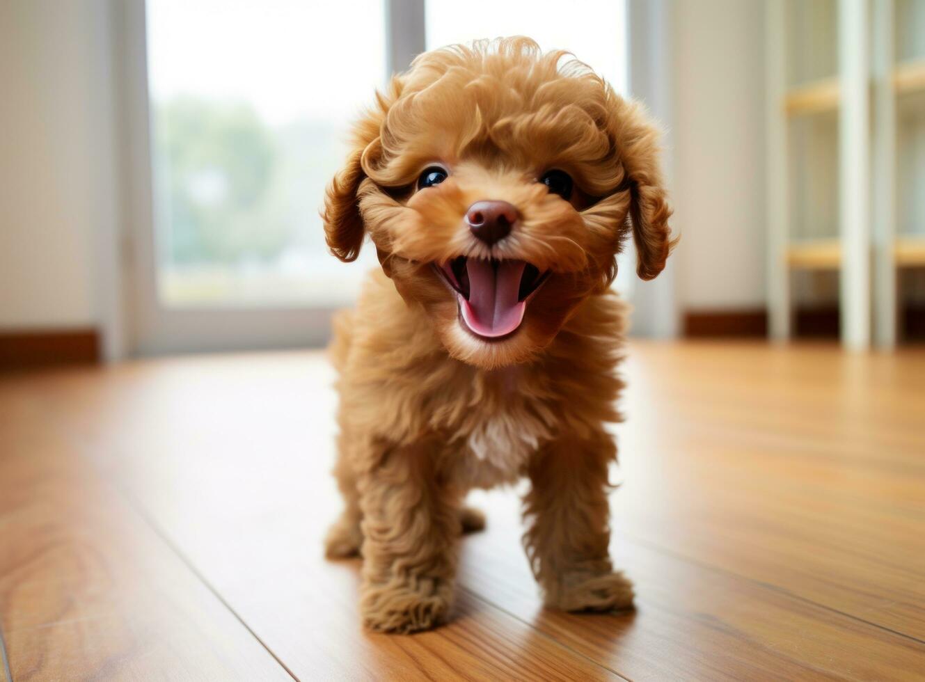 AI generated a cute poodle puppy standing wide with tongue out in front photo