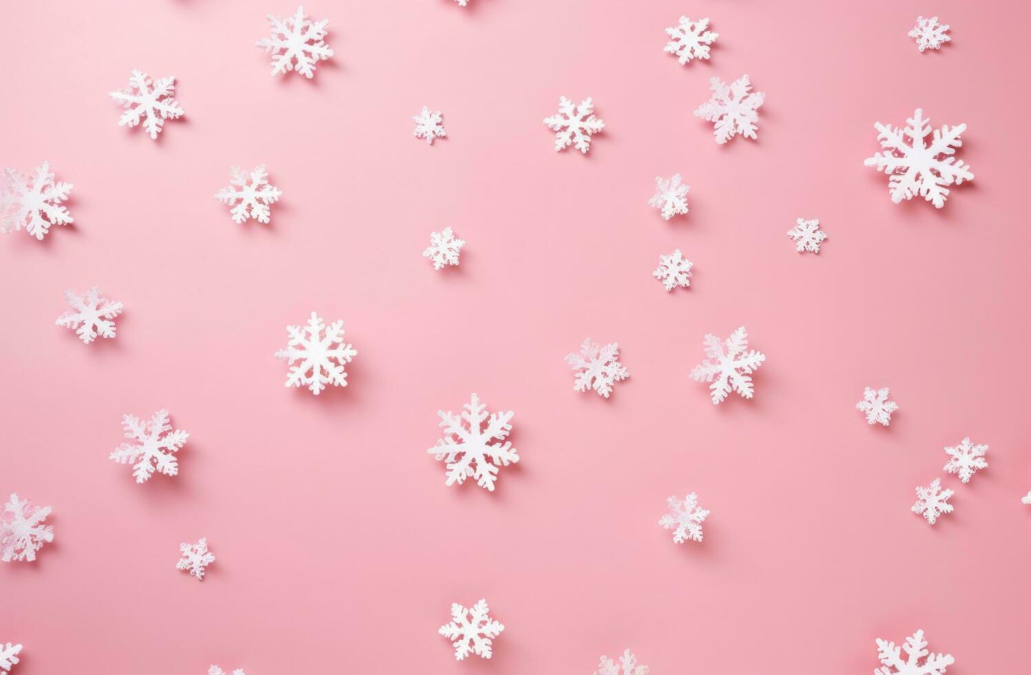 AI generated white snowflakes scattered on a pink background photo