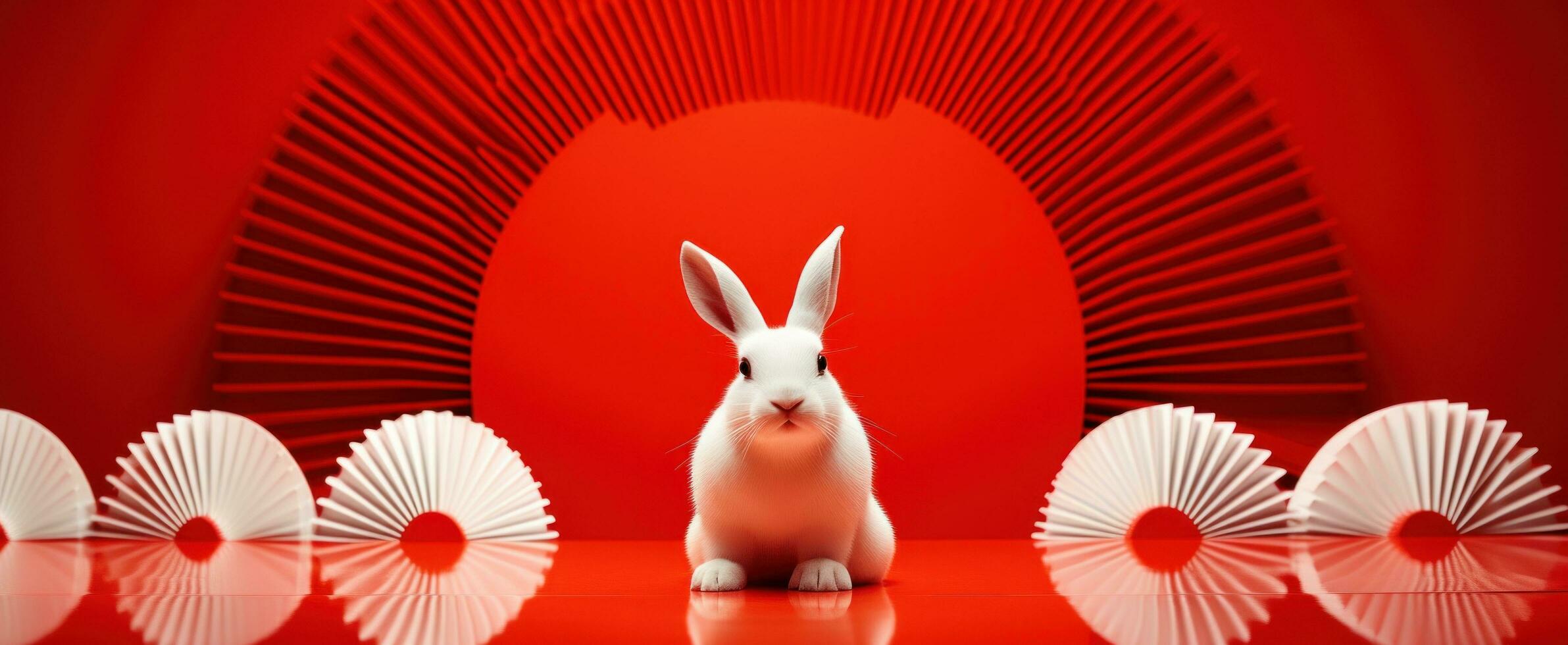 AI generated white rabbits and fans on red tables photo