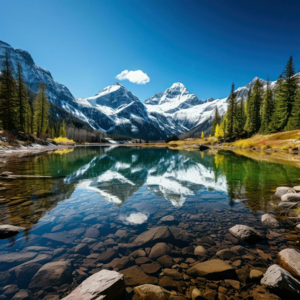 ai generado un sereno montaña rango con nevadas picos, un claro azul cielo, y un tranquilo lago en el primer plano. foto