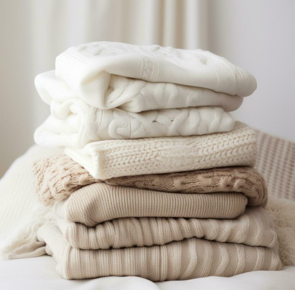 AI generated various knit sweaters stacked together in different colors, photo