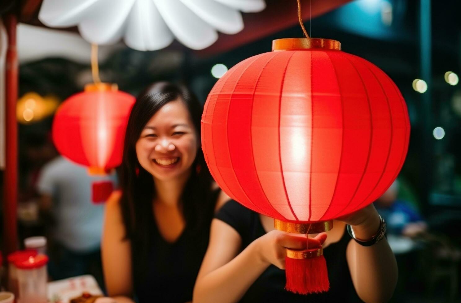 AI generated two women are holding red lanterns in front of a white table decorated photo