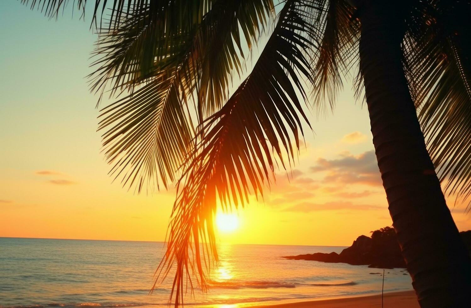 AI generated vista of tropical tropical coconut palm and sunset on beach palm photo