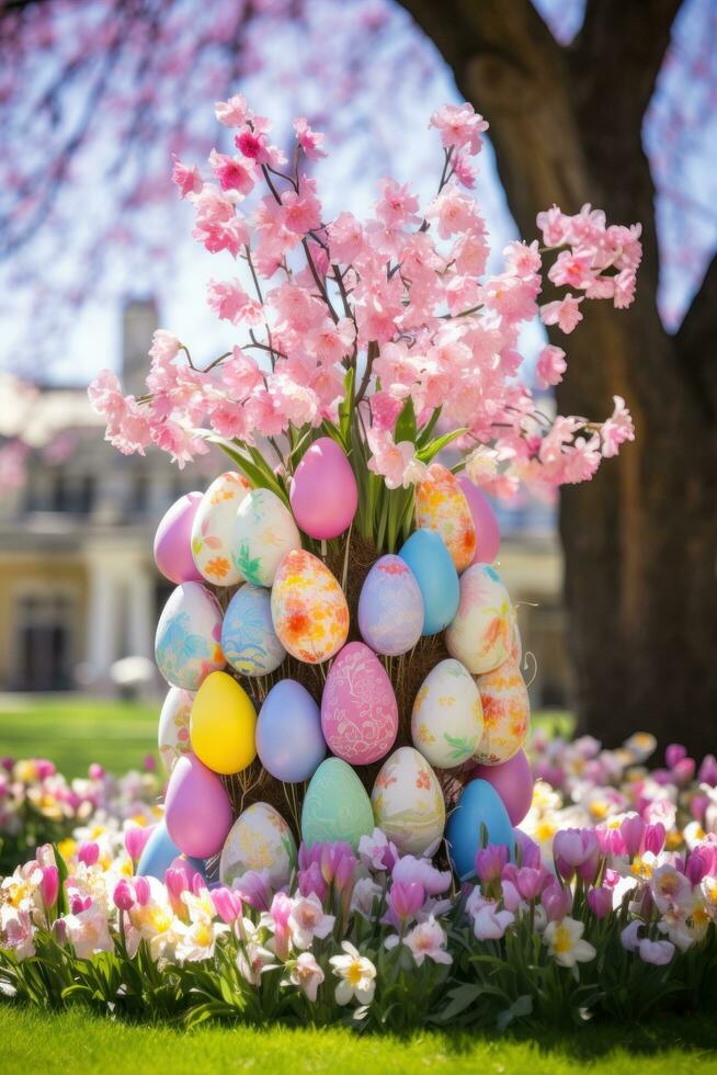 AI generated A picturesque outdoor scene featuring a decorated Easter egg tree and colorful tulips in bloom photo