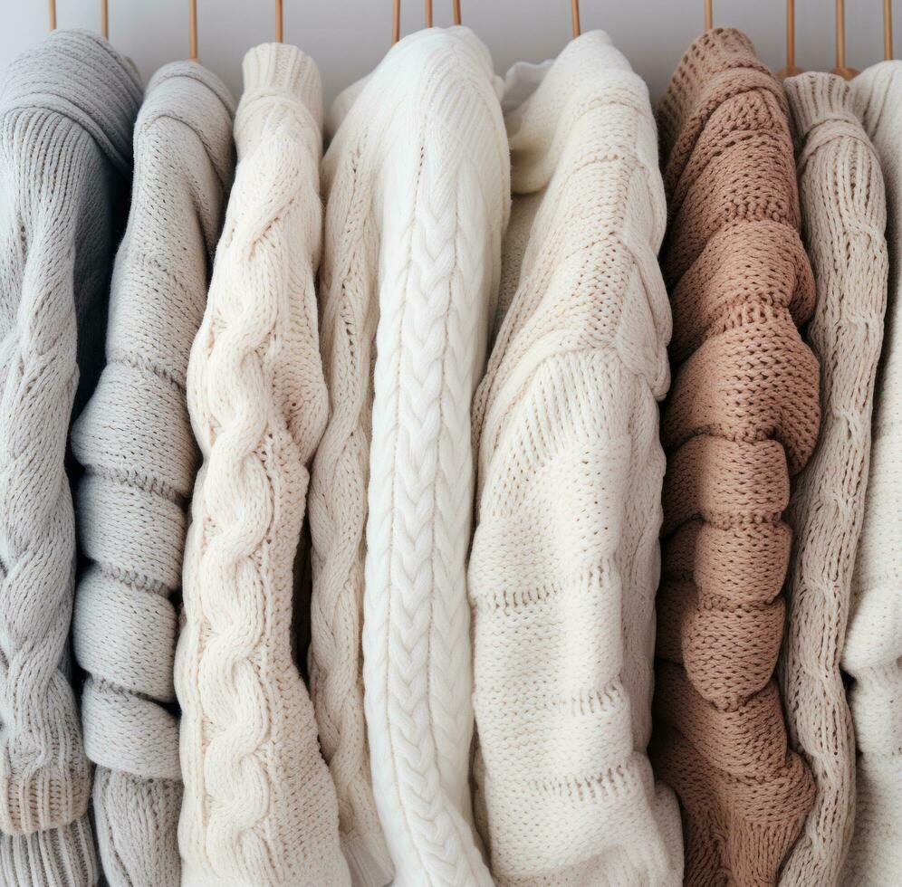 AI generated various knit sweaters stacked together in different colors, photo