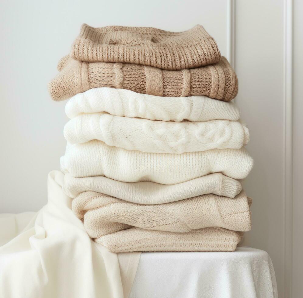 AI generated various knit sweaters stacked together in different colors, photo