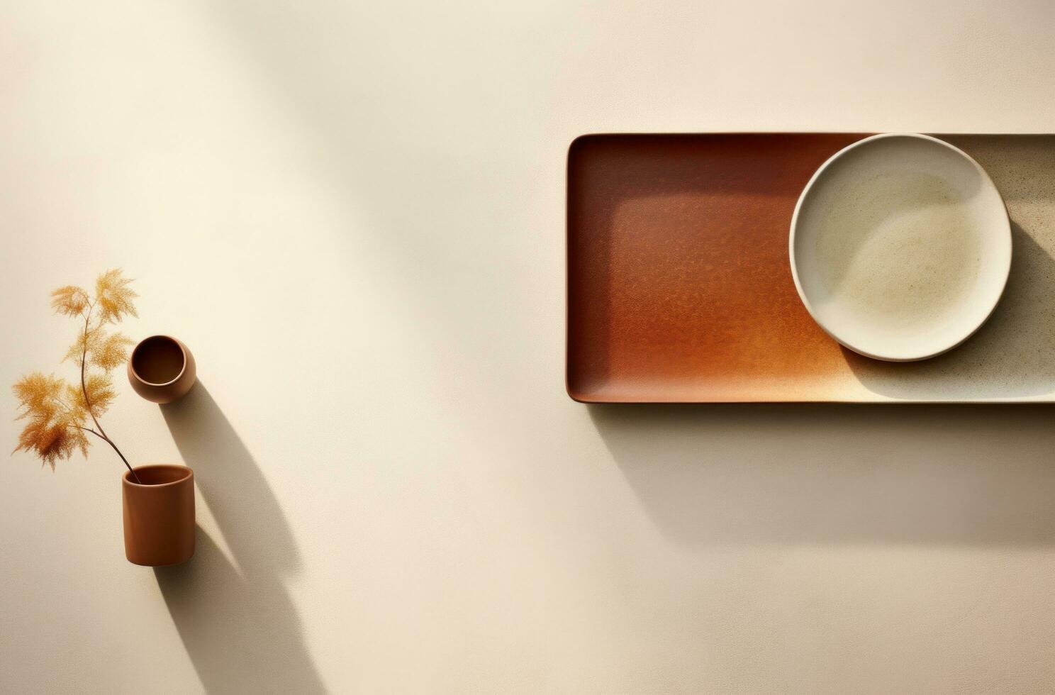 AI generated two plates and a cup that are lined up on a white countertop, photo