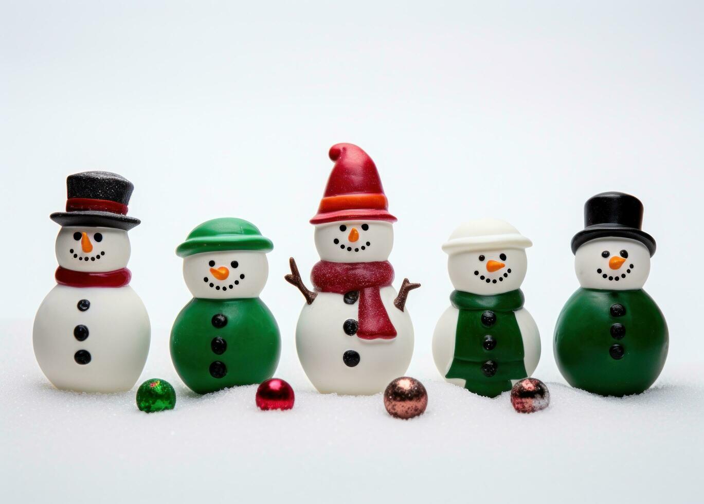 AI generated various small figurines lay in the snow next to a snowman photo